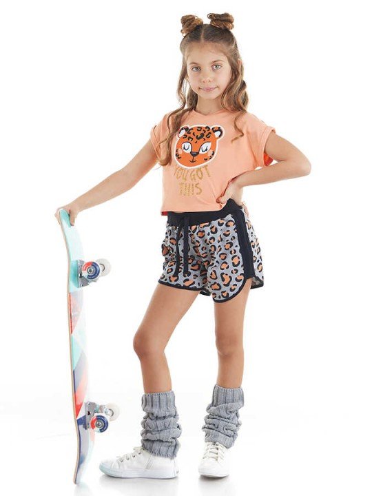 Leopar Kız Çocuk Crop Top Somon T-shirt Leopar Mini Şort Yazlık Takım - Mushi