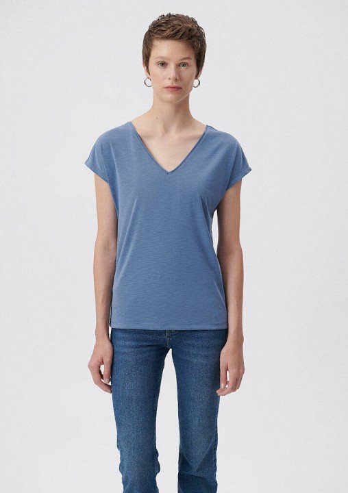 Lux Touch V Yaka Kadın Basic Tişört-Mavi - 1