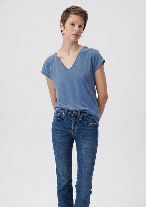 Lux Touch V Yaka Kadın Basic Tişört-Mavi - 2