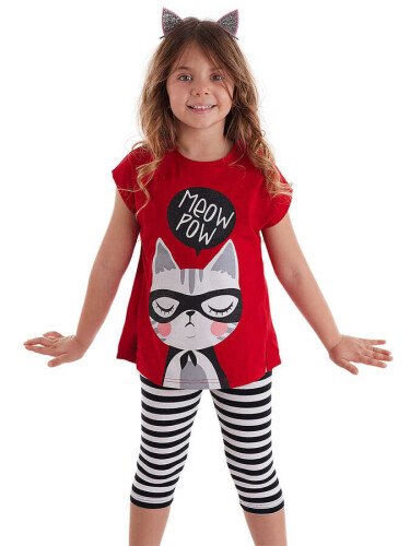 Meow Pow Kız Çocuk T-shirt Tayt Takım - DENOKİDS