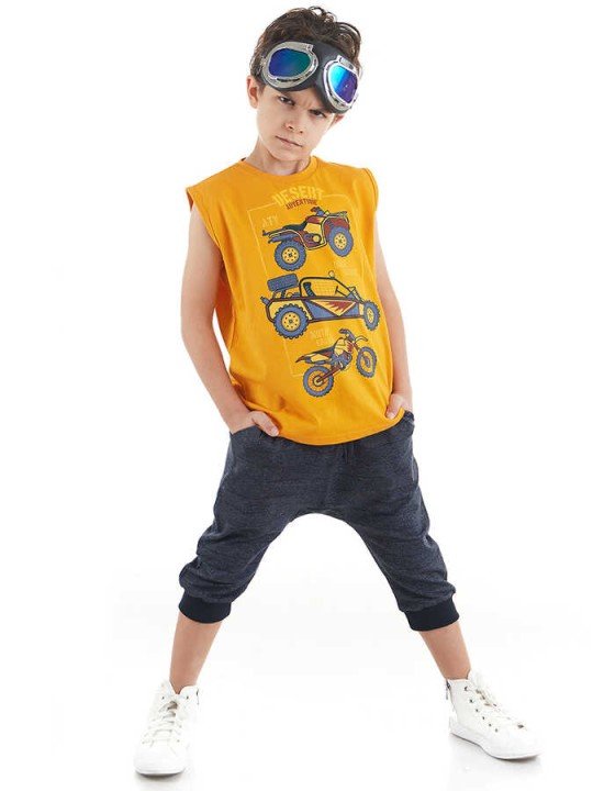 Motocross Erkek Çocuk Turuncu Kolsuz T-shirt Kapri Şort Yazlık Takım - Mushi
