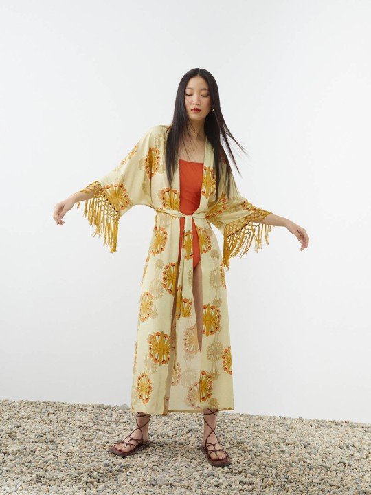 Püskül Detaylı Desenli Kimono - NOCTURNE