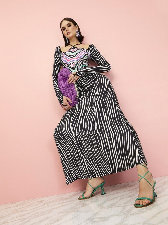 Zebra Desen Uzun Elbise - 1