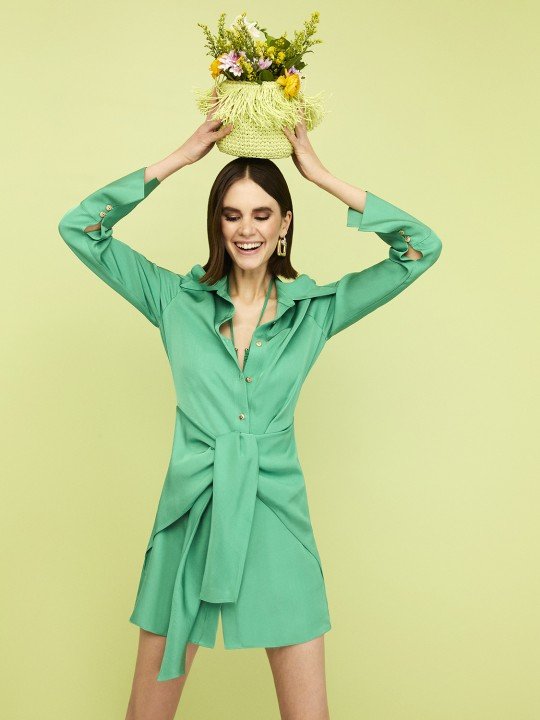 Bağlama Detaylı Gömlek Elbise-Yeşil - 2