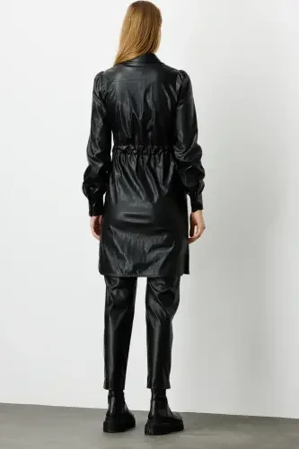 Önü Çıtçıtlı Deri Elbise-Siyah - 6