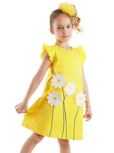 Papatya Pamuklu Kız Çocuk Sarı Elbise - 1
