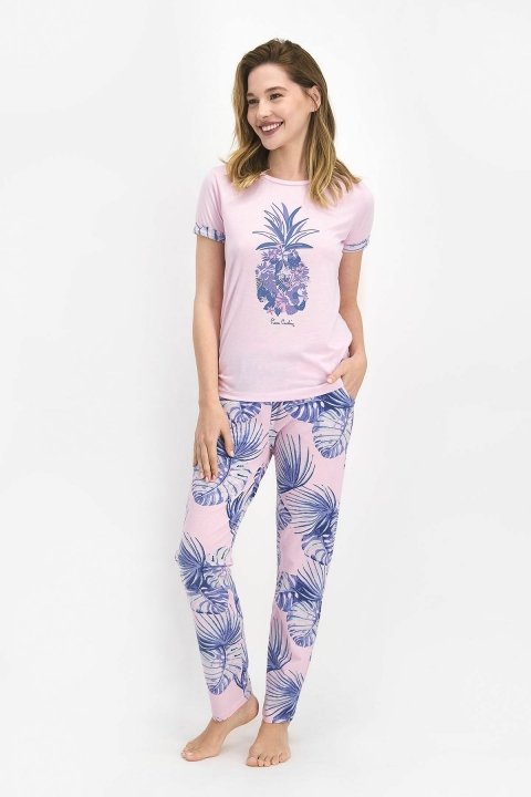 Pierre Cardin Leafy Pineapple Kadın Büyük Beden Kısa Kol Pijama Takımı Toz Pembe PC7706 - 1