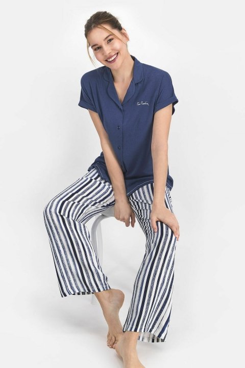 Pierre Cardin Striped Kadın Gömlek Pijama Lacivert PC7727 - 2