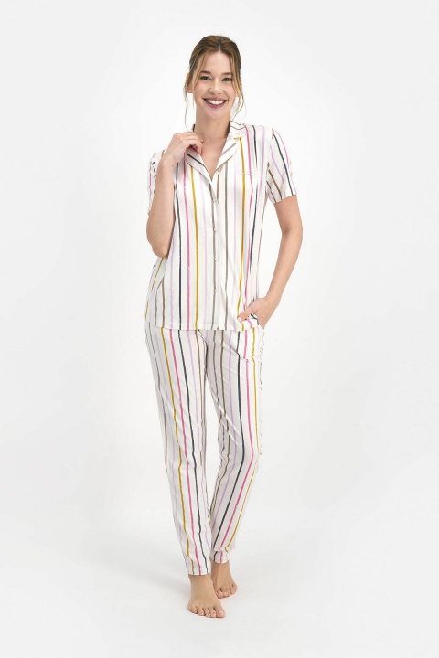 Pierre Cardin Striped Kadın Gömlek Pijama Krem PC7747 - 1