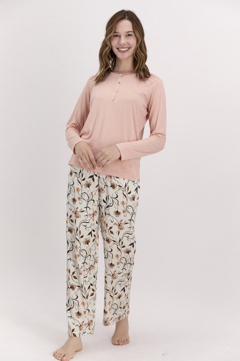 Çiçekli Mocha Kadın Pijama Takımı-PC8034 - 1