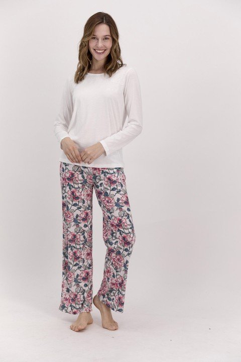 Çiçekli Krem Kadın Pijama Takımı-PC8084 - 1