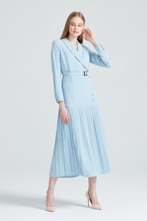 Pilise Detaylı Düğme Aksesuarlı Elbise-Mavi - 1