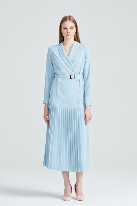 Pilise Detaylı Düğme Aksesuarlı Elbise-Mavi - 2