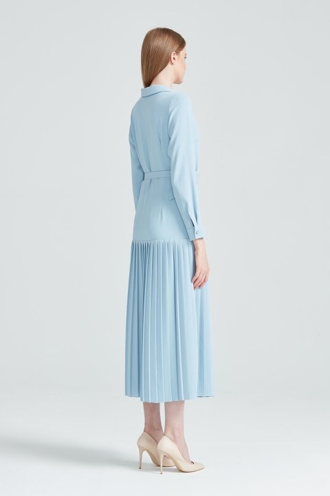 Pilise Detaylı Düğme Aksesuarlı Elbise-Mavi - 4