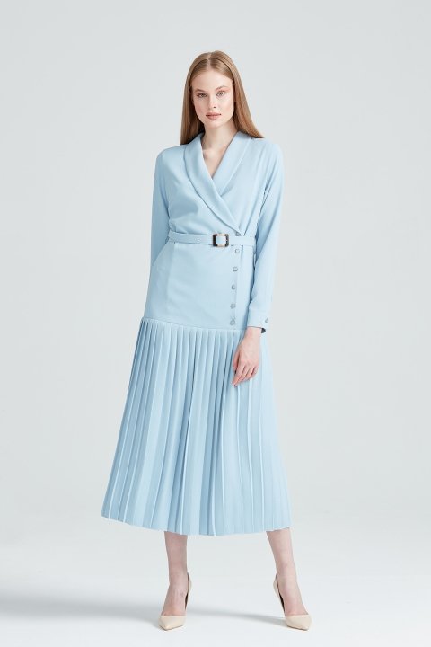 Pilise Detaylı Düğme Aksesuarlı Elbise-Mavi - 5