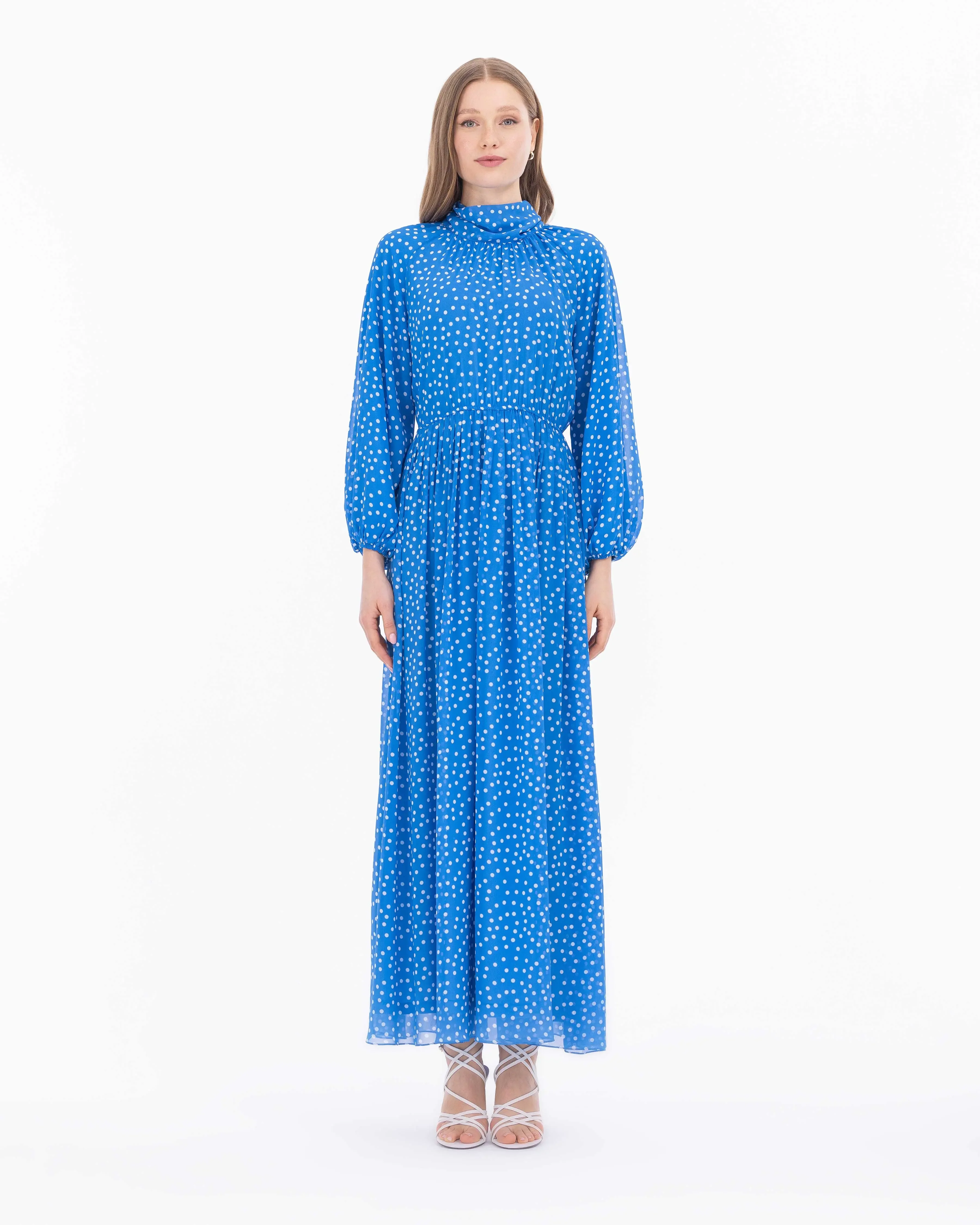Puantiye Desen Astarlı Şifon Elbise-Mavi - 1