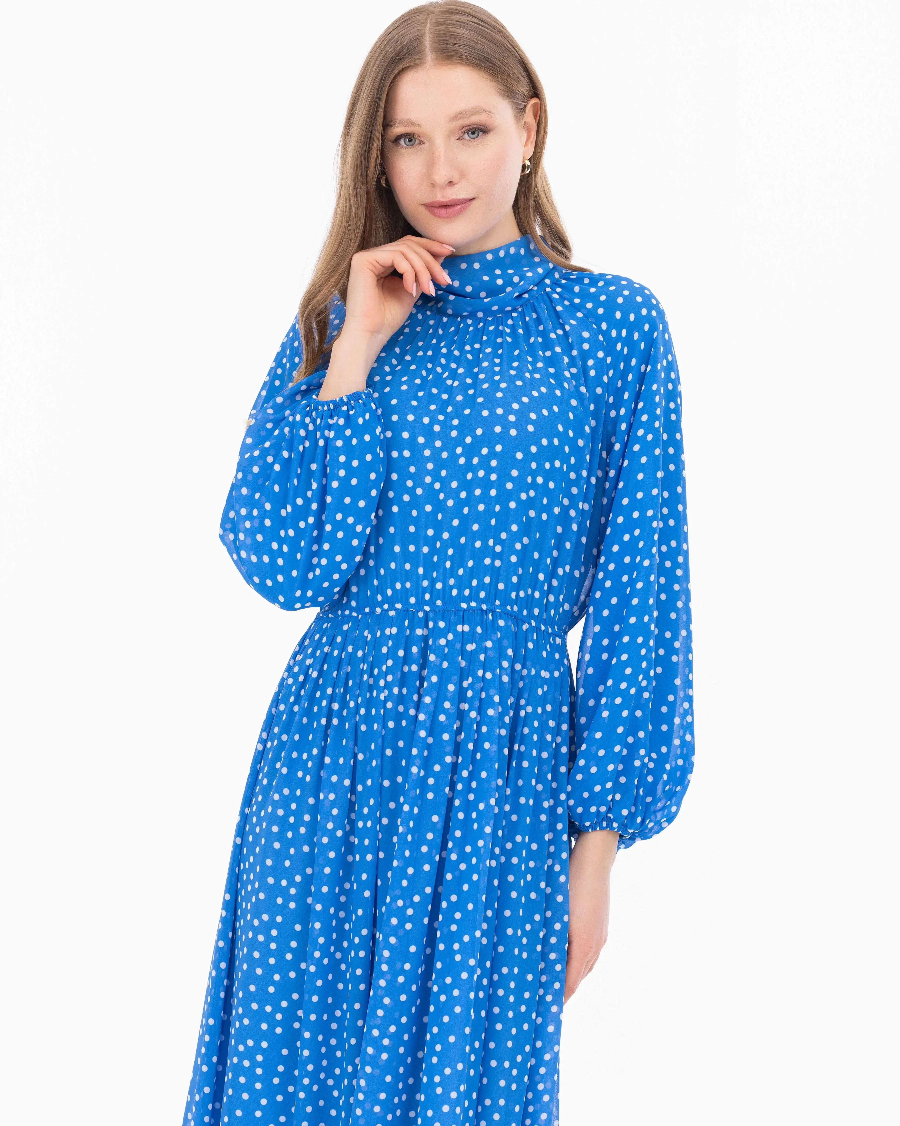 Puantiye Desen Astarlı Şifon Elbise-Mavi - 2