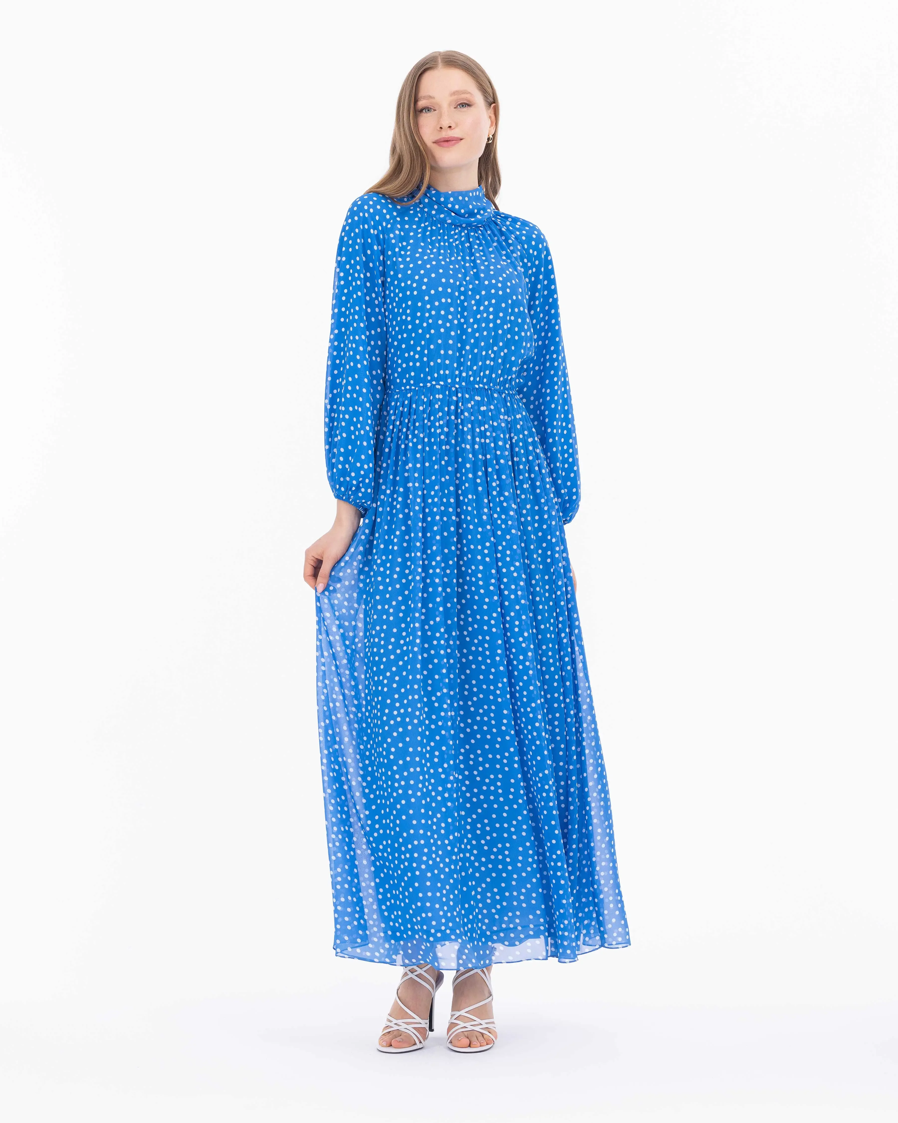 Puantiye Desen Astarlı Şifon Elbise-Mavi - 3