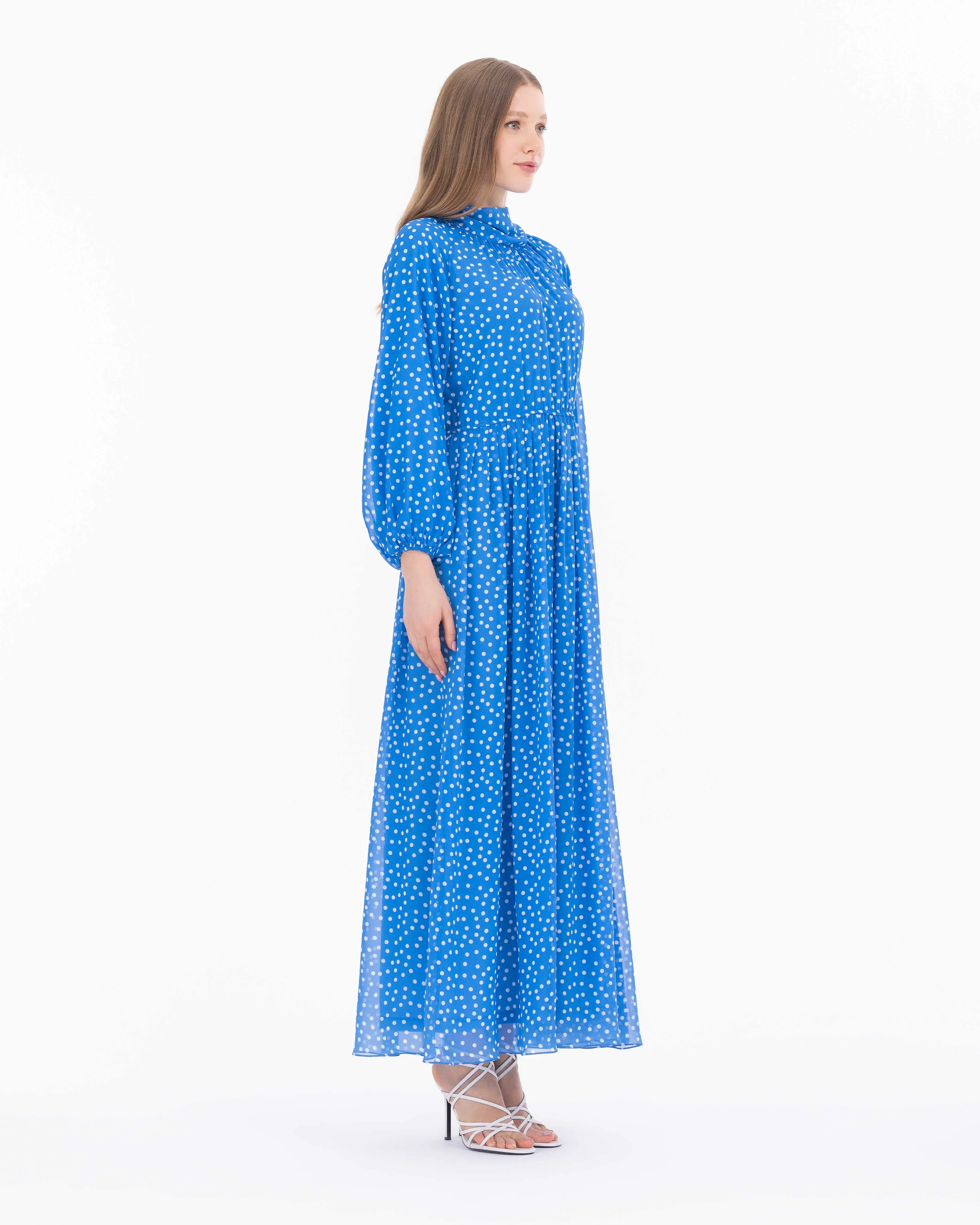Puantiye Desen Astarlı Şifon Elbise-Mavi - 4