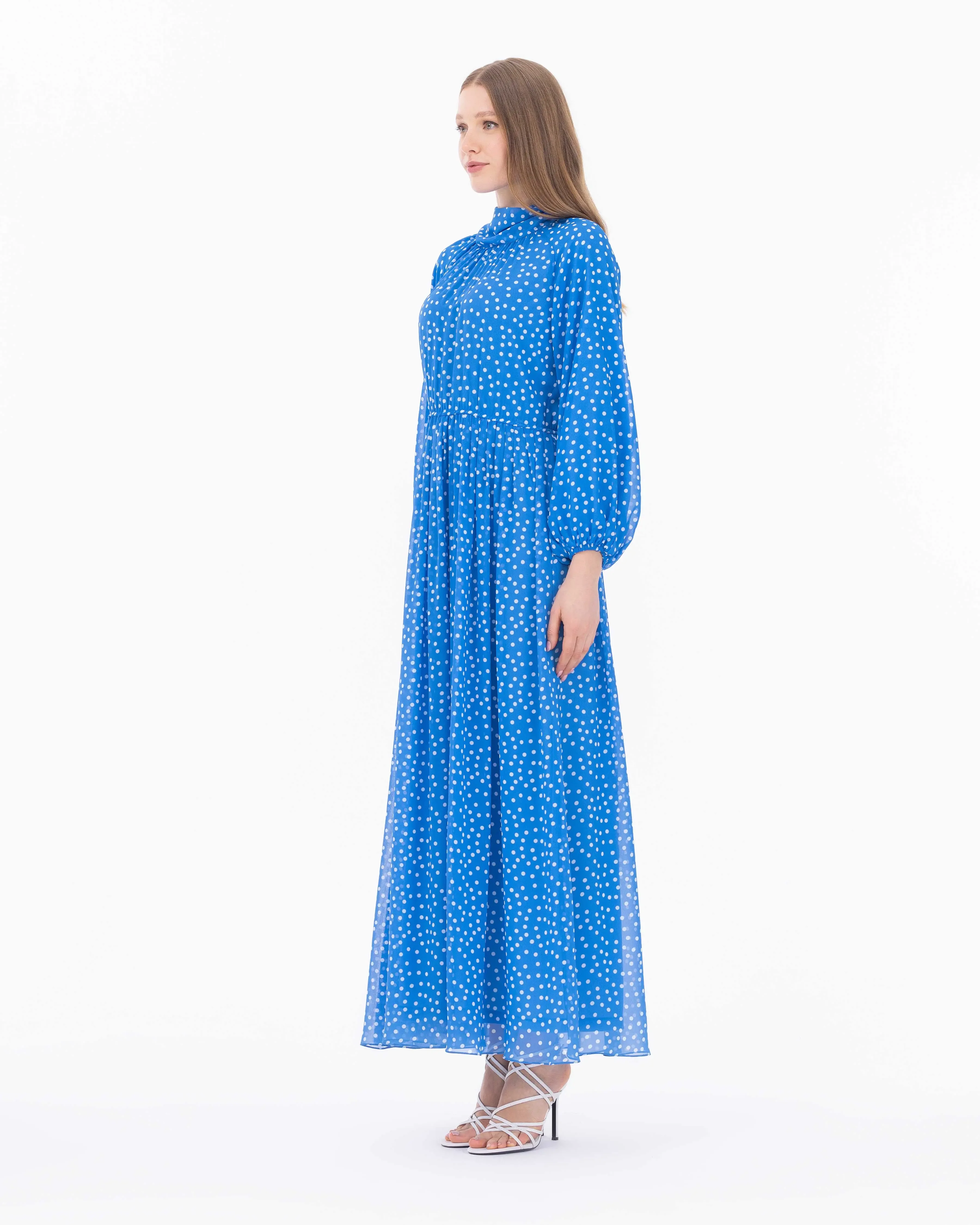 Puantiye Desen Astarlı Şifon Elbise-Mavi - 5
