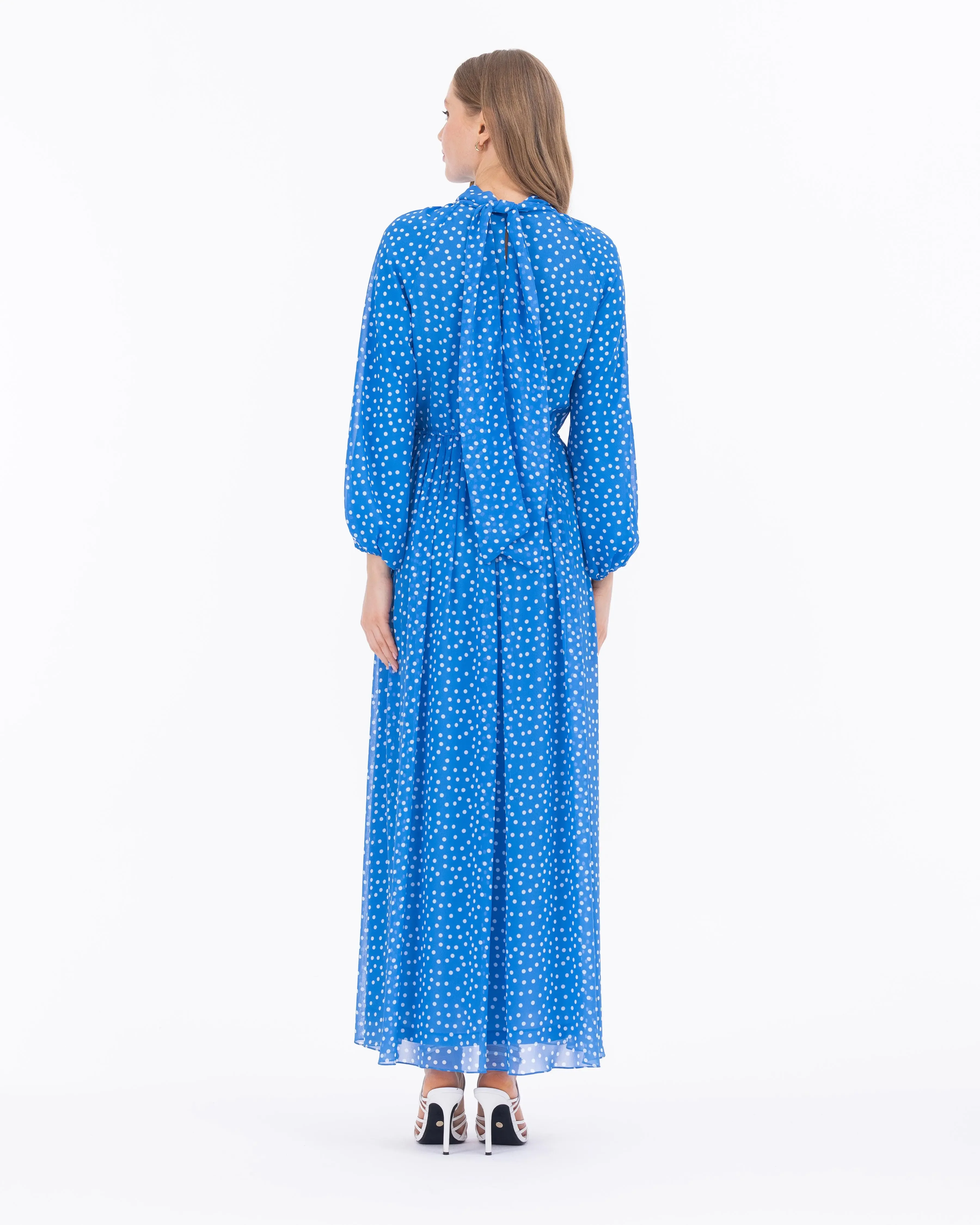 Puantiye Desen Astarlı Şifon Elbise-Mavi - 6