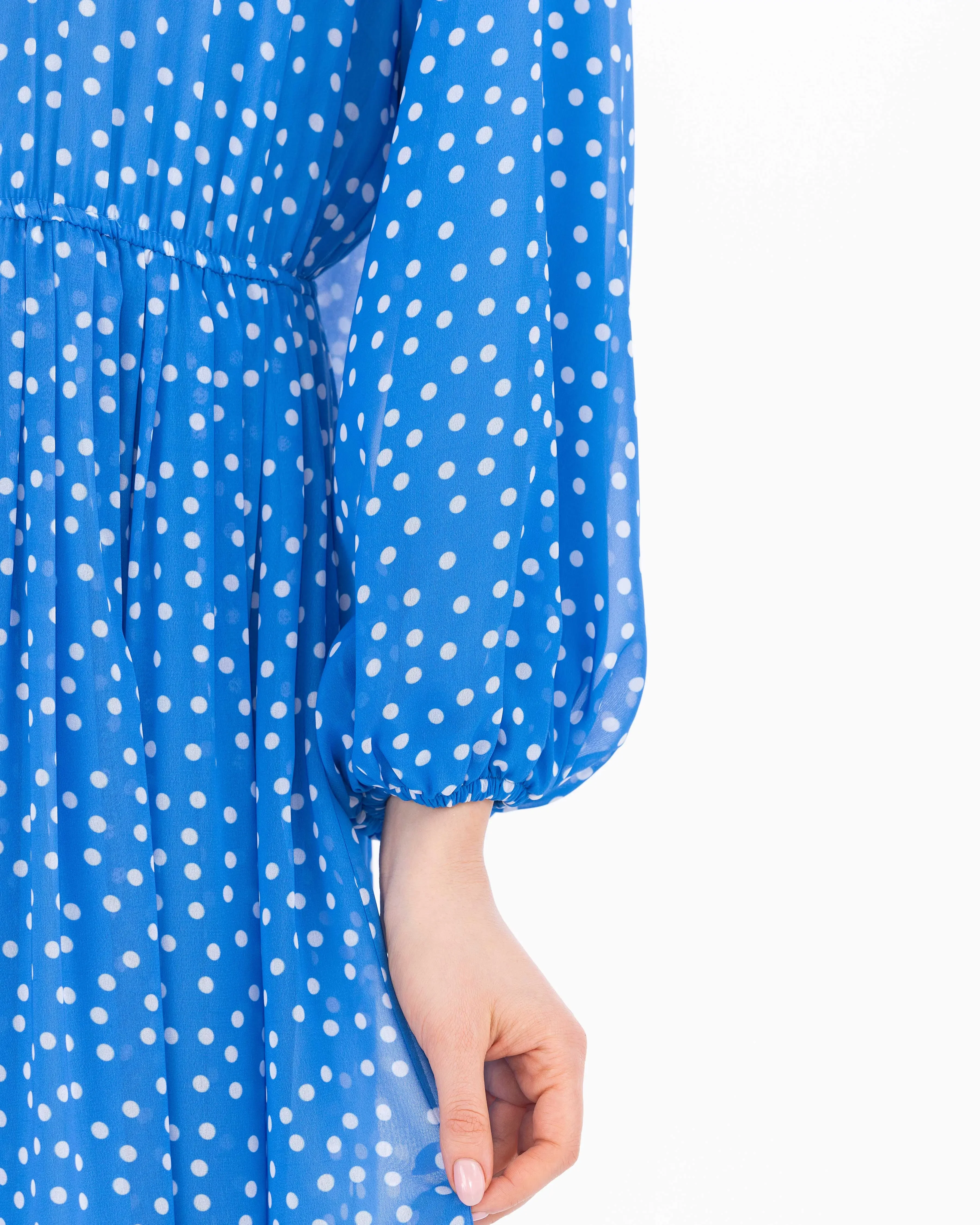 Puantiye Desen Astarlı Şifon Elbise-Mavi - 7