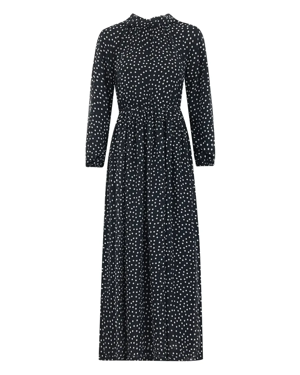 Puantiye Desen Astarlı Şifon Elbise-Siyah - 1