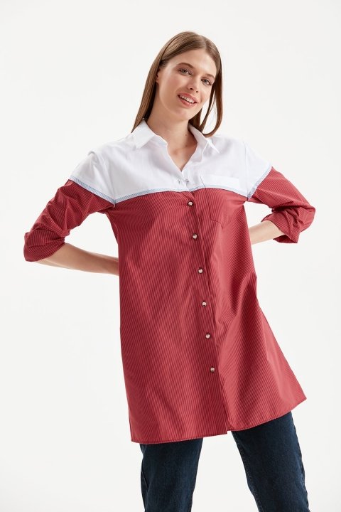 Robadan Çizgili Gömlek Tunik-Kırmızı - 1
