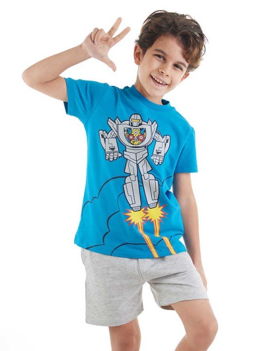 Robot Erkek Çocuk Mavi T-shirt Gri Şort Yazlık Takım - Mushi