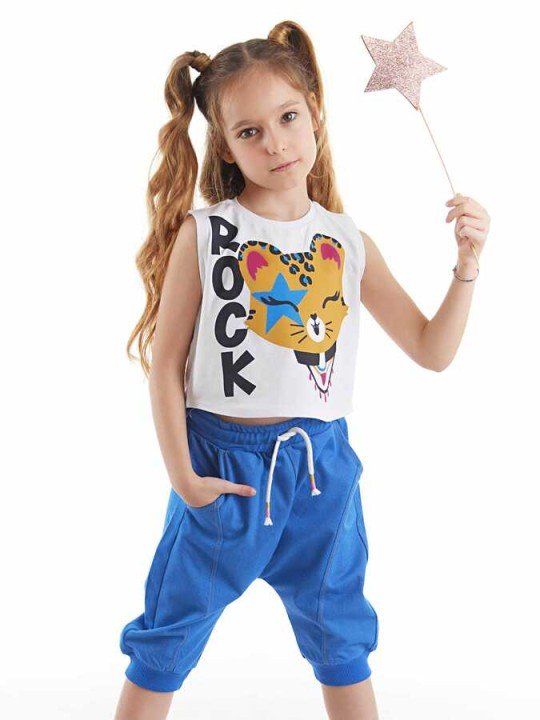Rocker Leo Kız Çocuk Crop Top Beyaz T-Shirt Mavi Kapri Yazlık Takım - Mushi