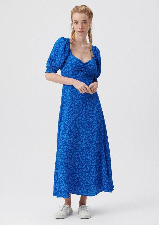 Sarmaşık Baskılı Kadın Elbise-Mavi - MAVİ