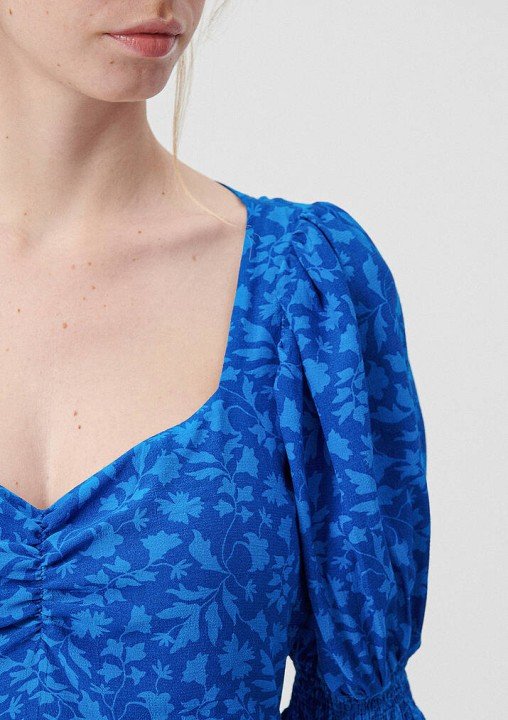 Sarmaşık Baskılı Kadın Elbise-Mavi - 4