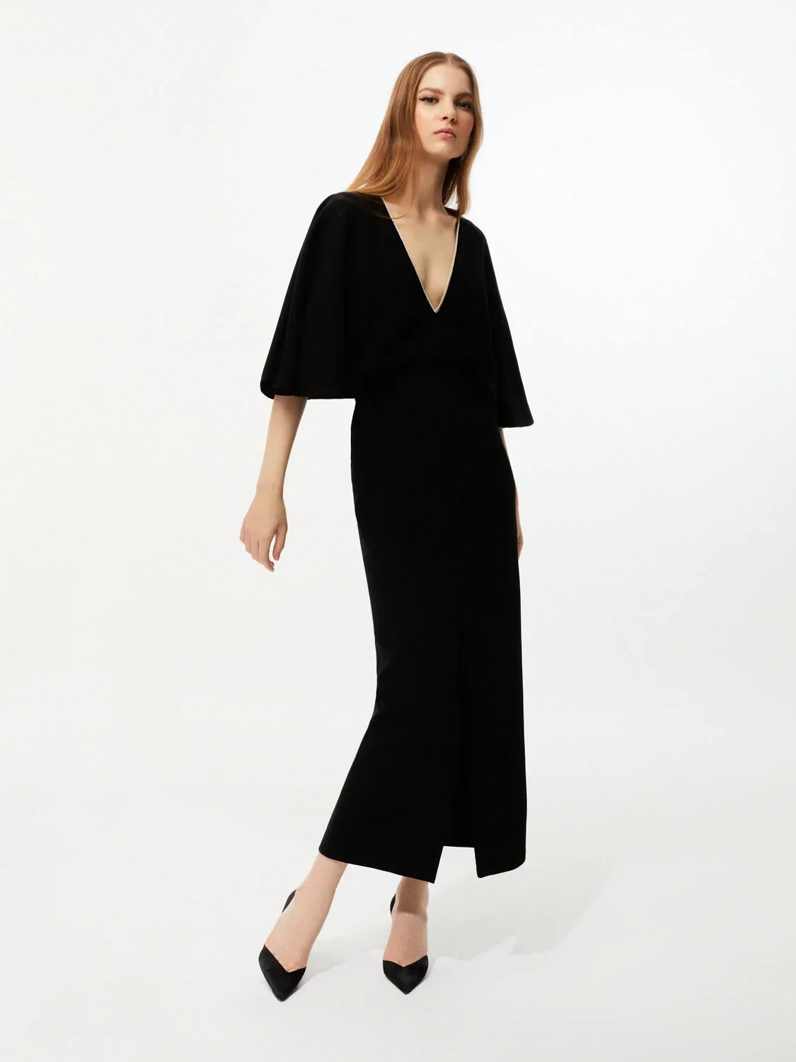 Şerit Taş Süslemeli V Yaka Elbise-Siyah - 1