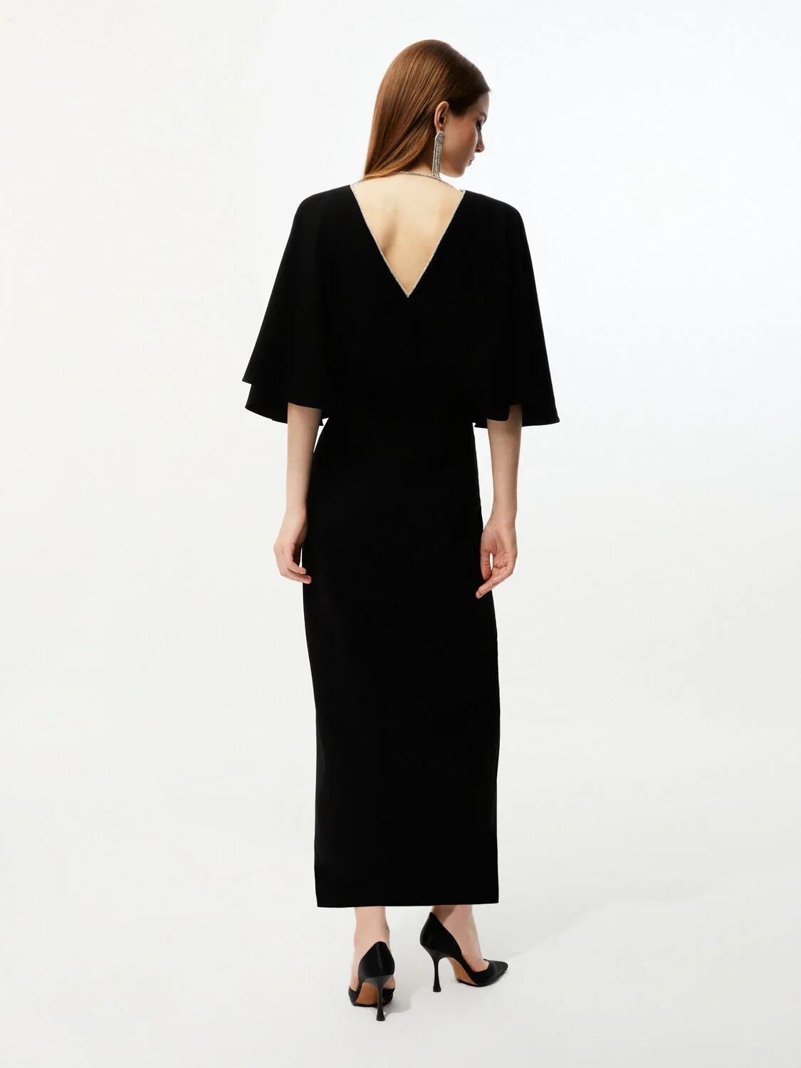Şerit Taş Süslemeli V Yaka Elbise-Siyah - 2