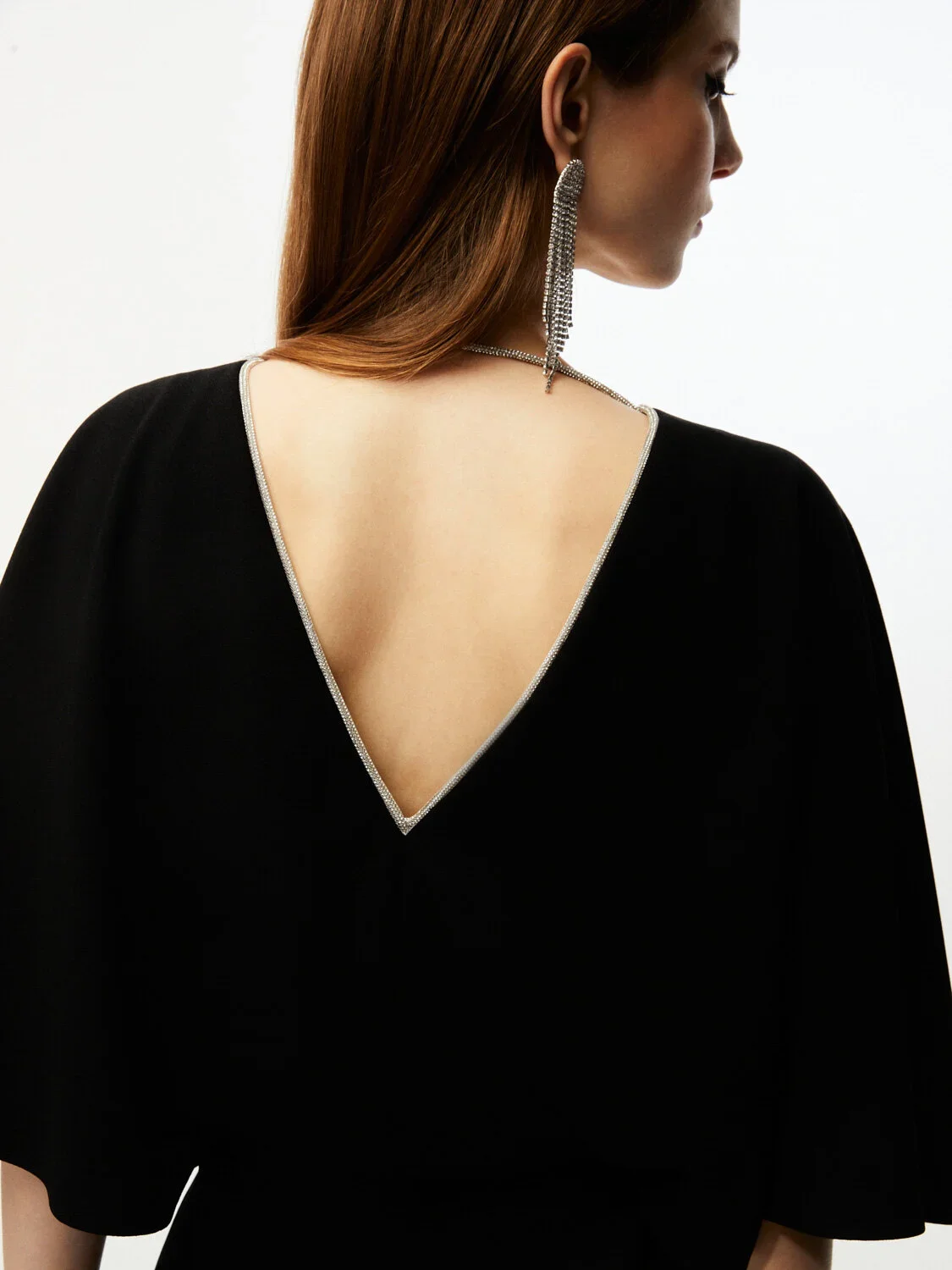 Şerit Taş Süslemeli V Yaka Elbise-Siyah - 3