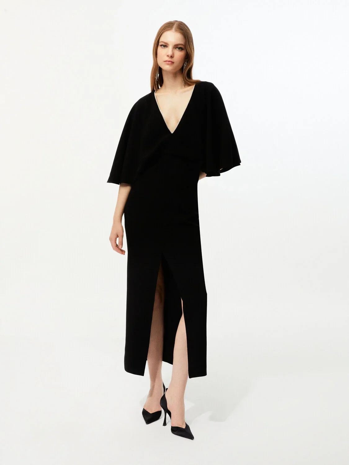 Şerit Taş Süslemeli V Yaka Elbise-Siyah - 4