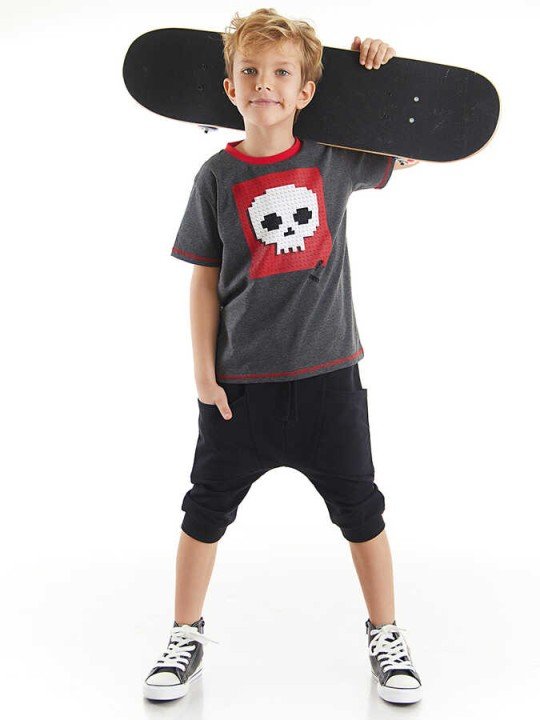 Skull Erkek Çocuk Gri T-shirt Siyah Kapri Şort Yazlık Takım - Mushi