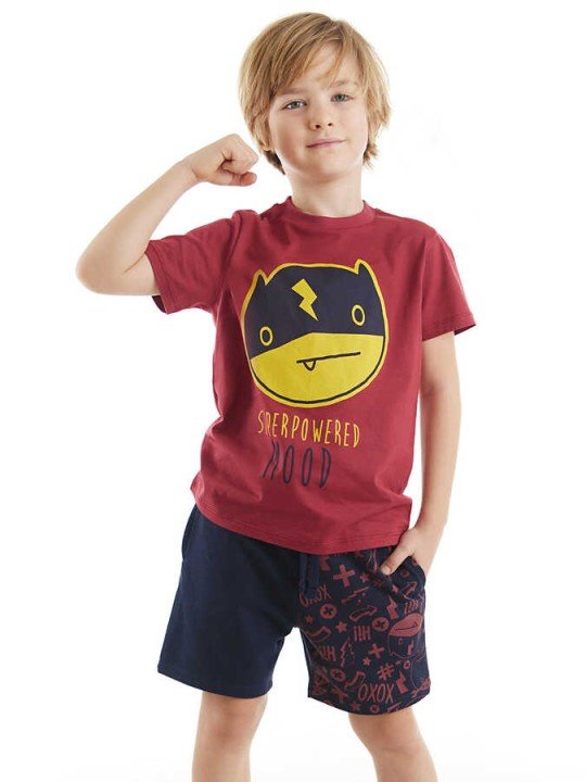 Süper Güçlü Erkek Çocuk Bordo T-shirt Şort Yazlık Takım - DENOKİDS