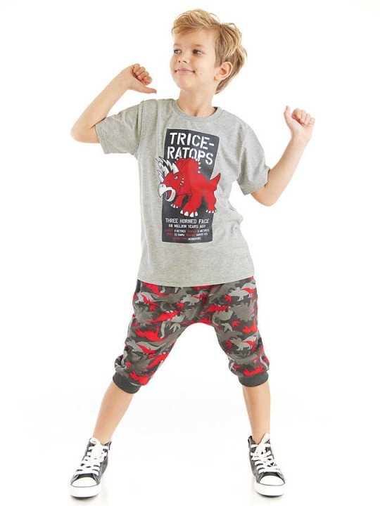 Triceratops Erkek Çocuk Gri T-shirt Kamuflaj Şort Kapri Yazlık Takım - Mushi