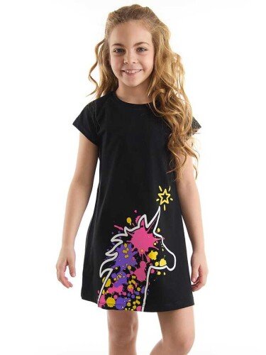 Unicorn Splash Pamuklu Kız Çocuk Siyah Elbise - DENOKİDS
