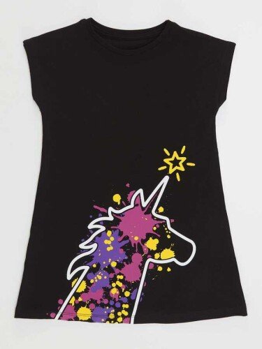 Unicorn Splash Pamuklu Kız Çocuk Siyah Elbise - 3