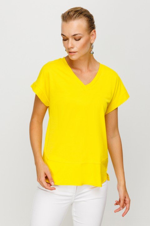 V Yaka Kısa Kol Bluz-Sarı - On Fashion