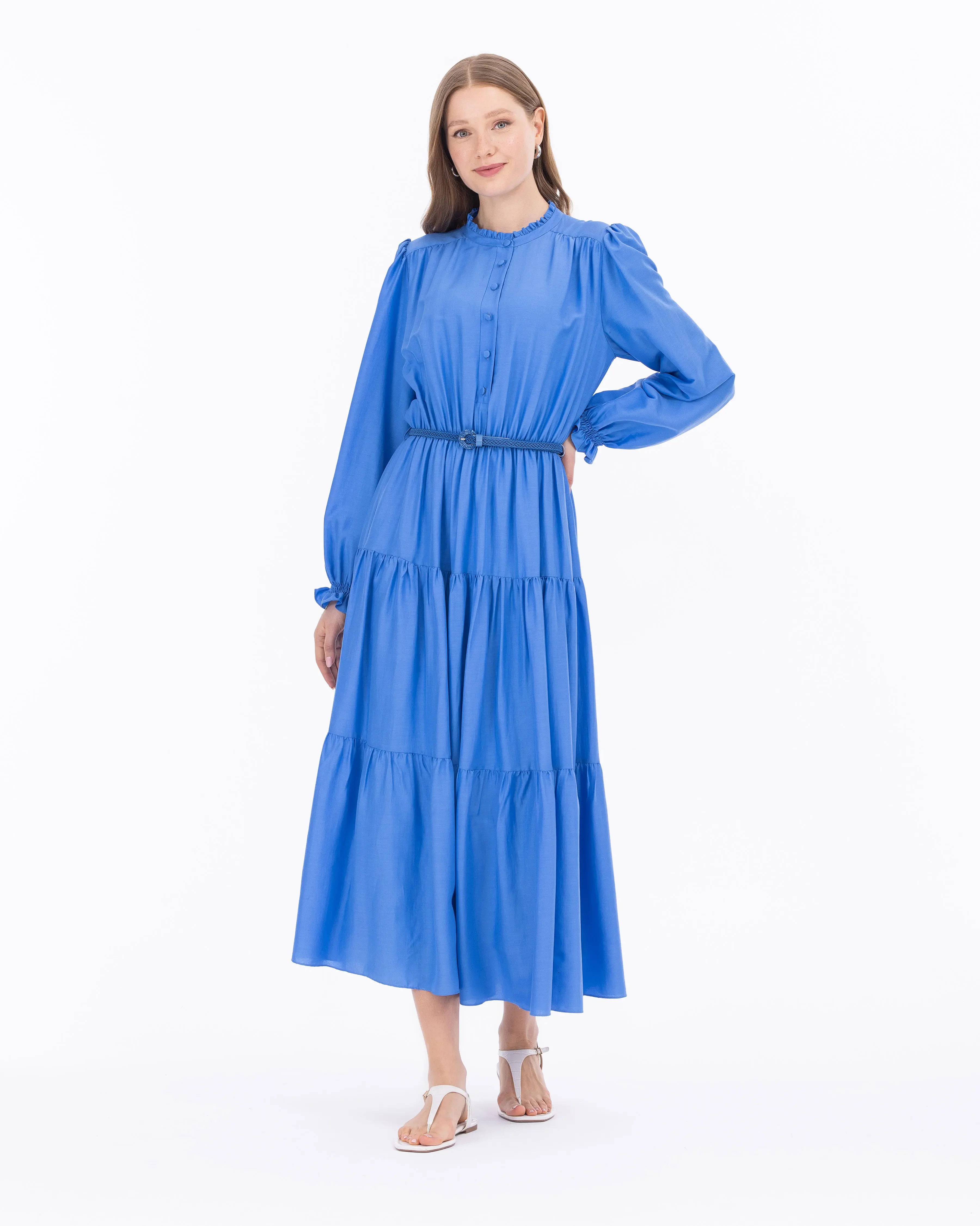 Yakası Fırfırlı Uzun Kol Kemerli Elbise-Mavi - 1