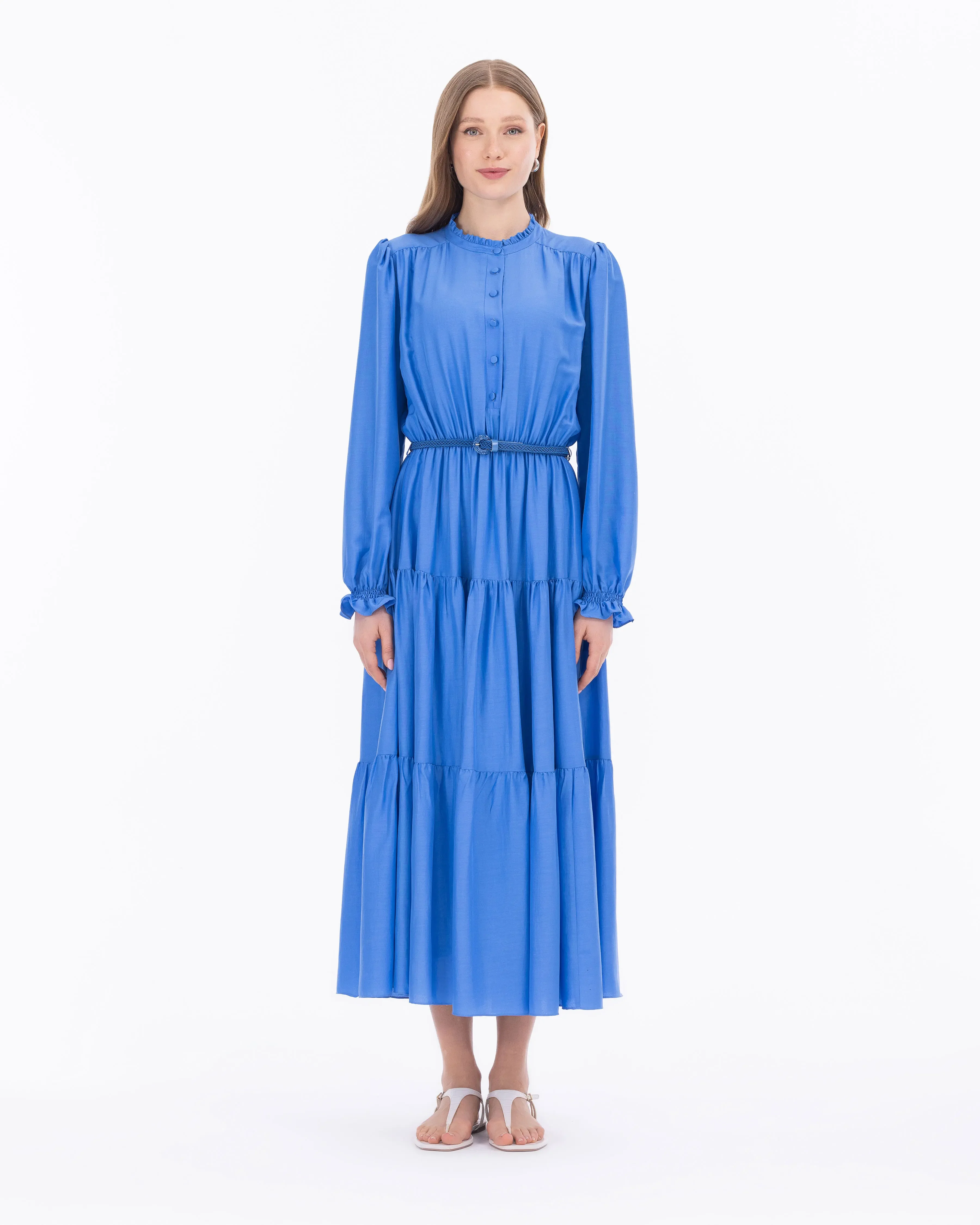 Yakası Fırfırlı Uzun Kol Kemerli Elbise-Mavi - 2