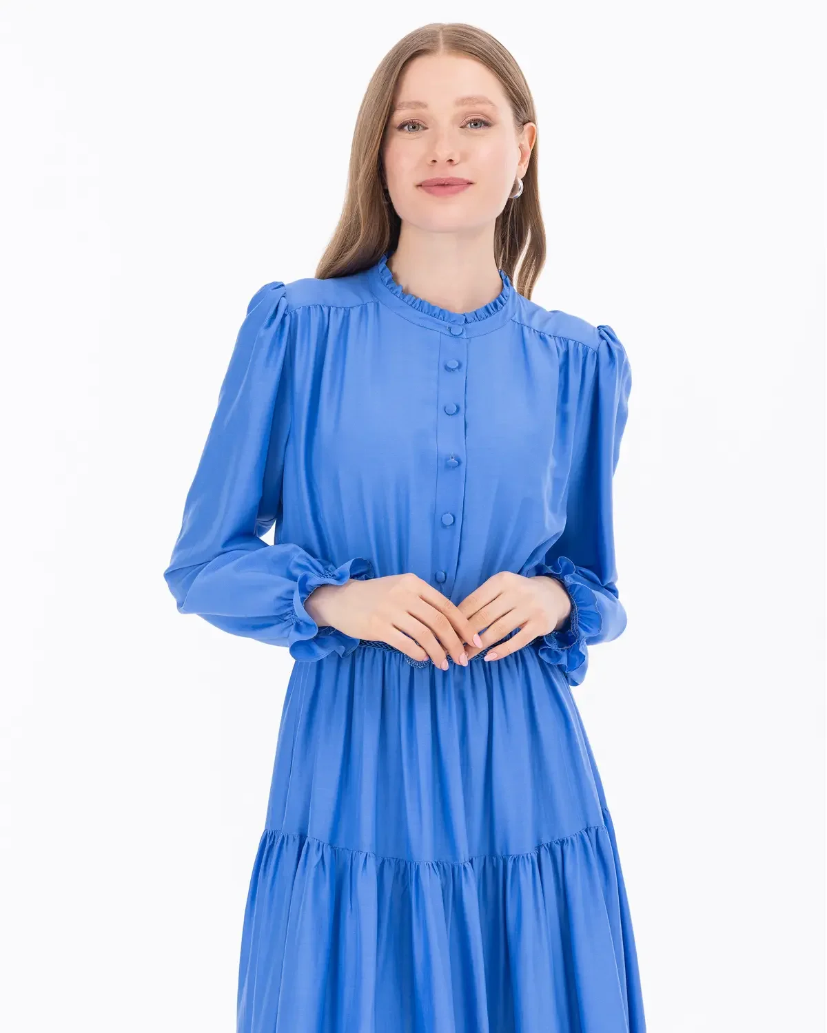 Yakası Fırfırlı Uzun Kol Kemerli Elbise-Mavi - 3