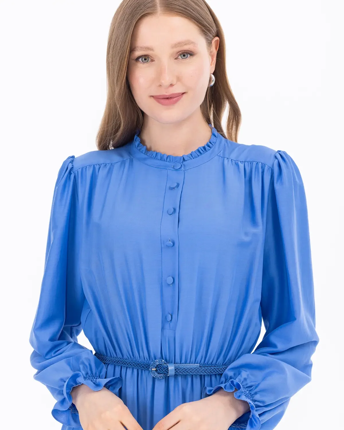 Yakası Fırfırlı Uzun Kol Kemerli Elbise-Mavi - 4
