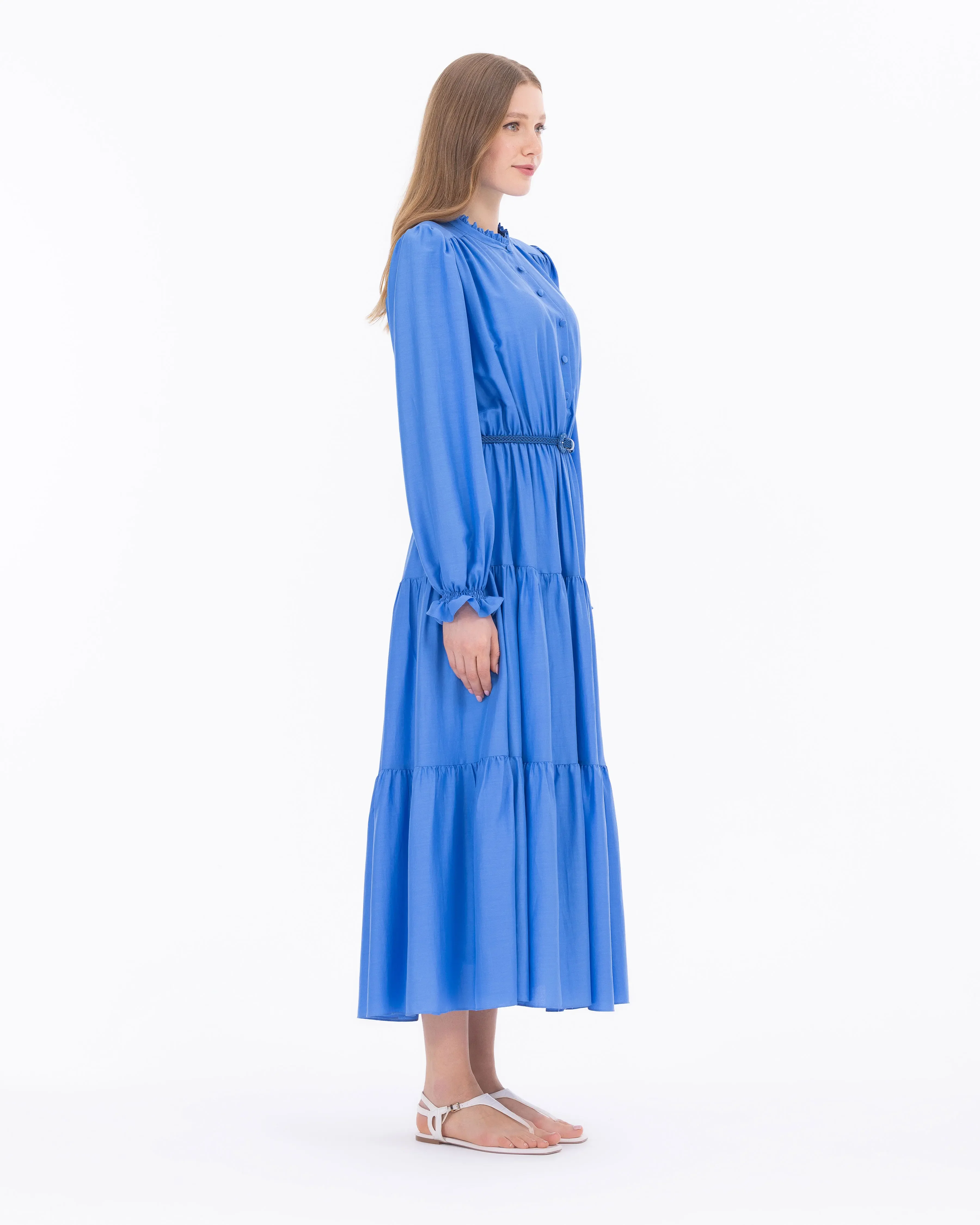 Yakası Fırfırlı Uzun Kol Kemerli Elbise-Mavi - 5