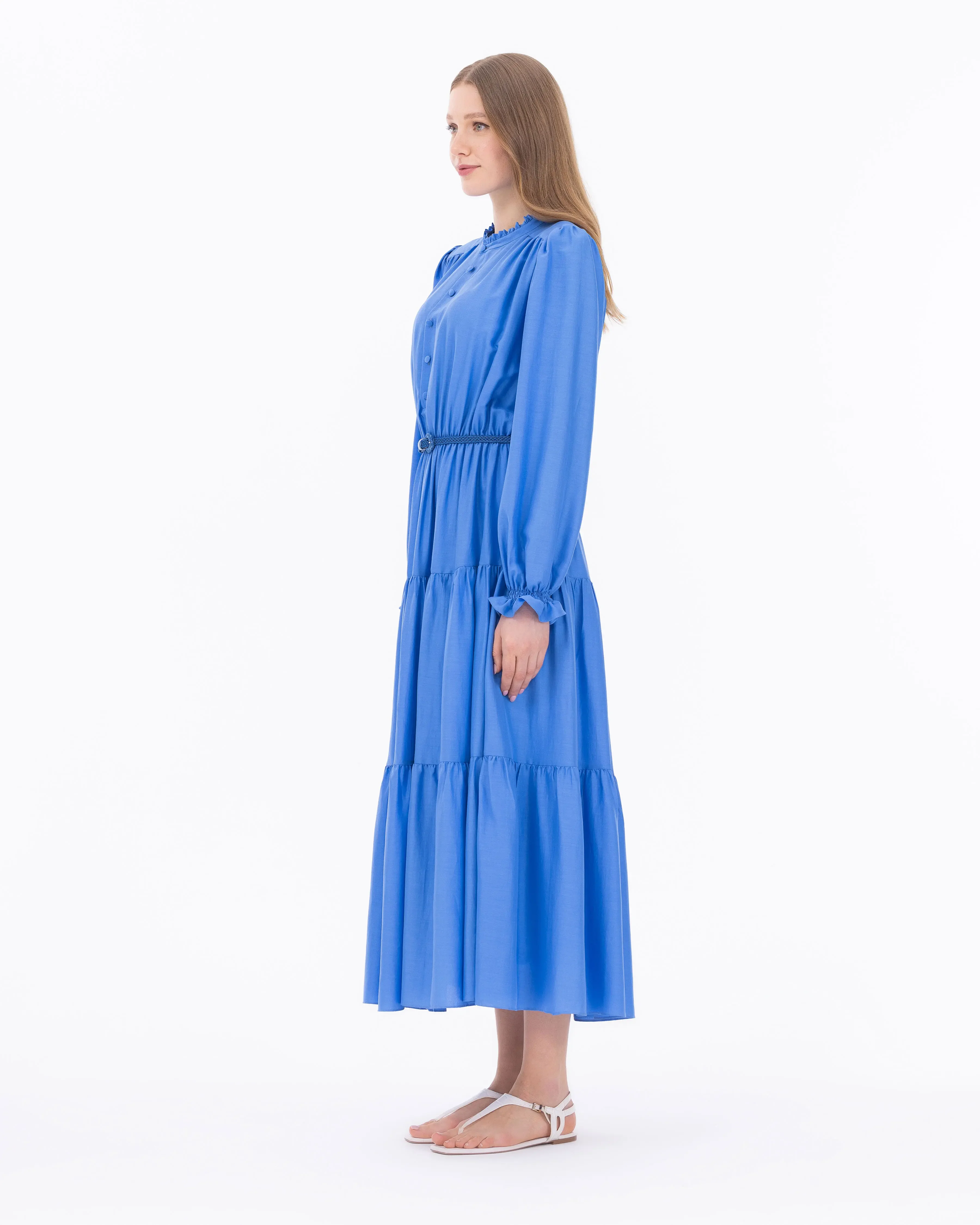 Yakası Fırfırlı Uzun Kol Kemerli Elbise-Mavi - 6