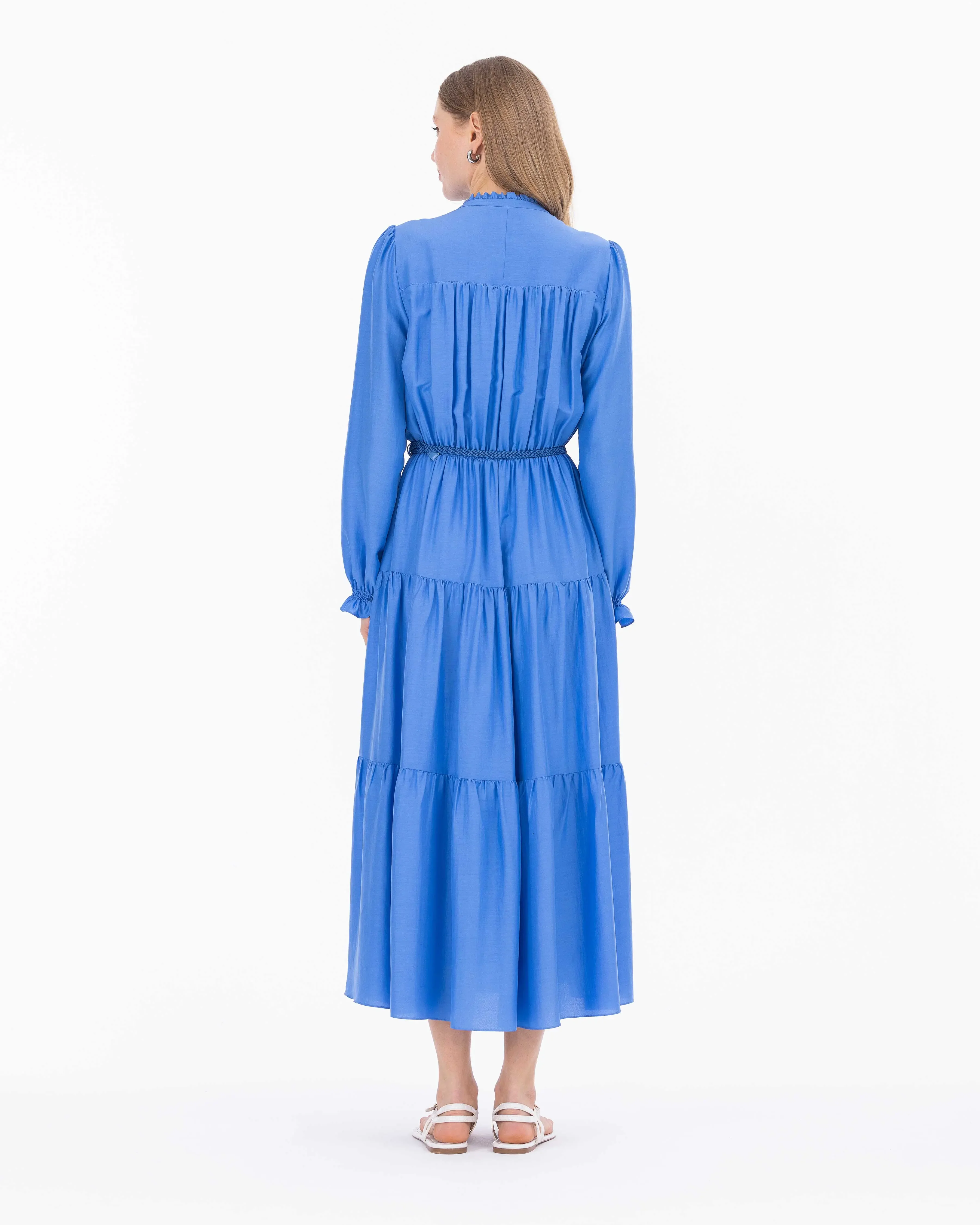 Yakası Fırfırlı Uzun Kol Kemerli Elbise-Mavi - 7