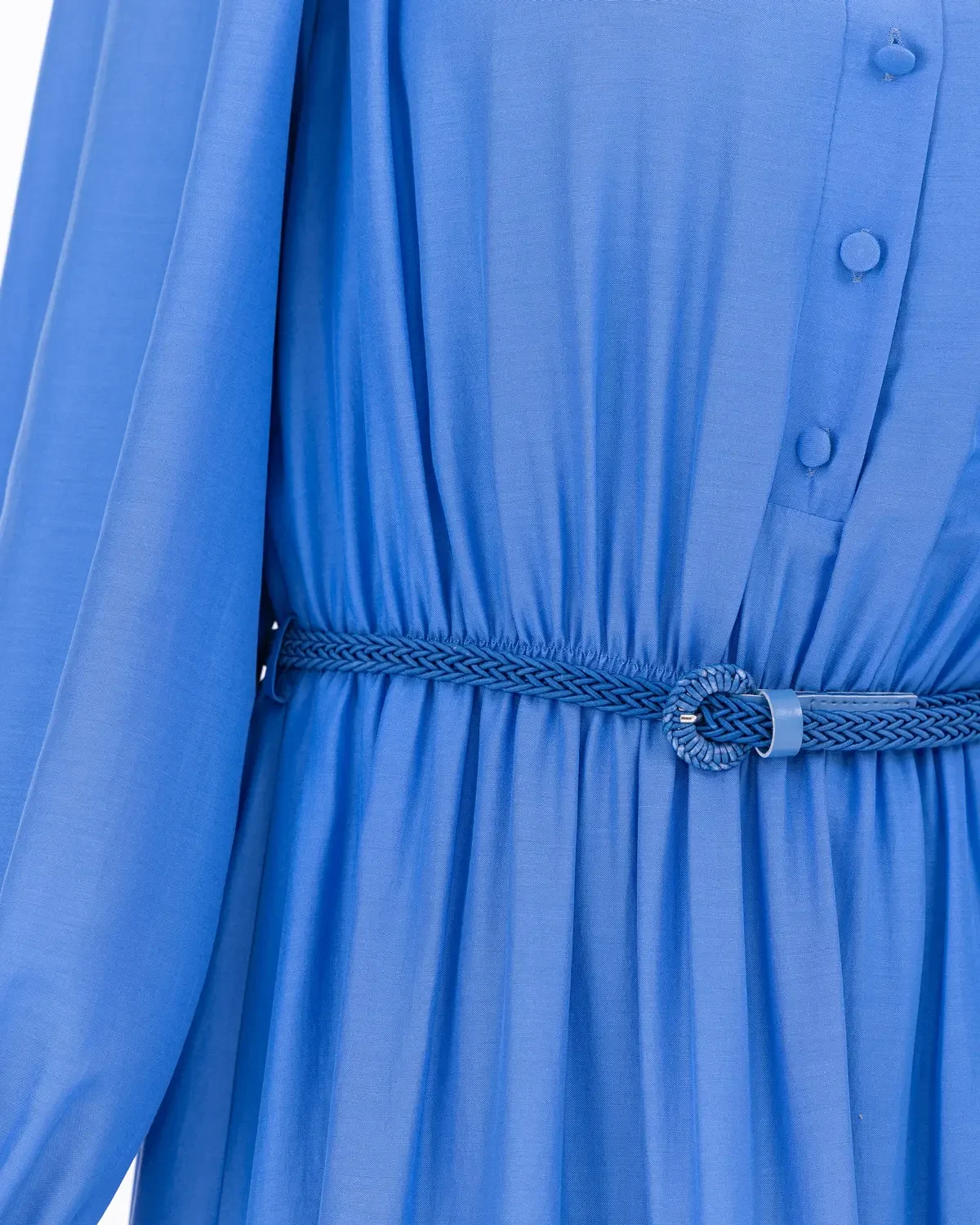 Yakası Fırfırlı Uzun Kol Kemerli Elbise-Mavi - 8